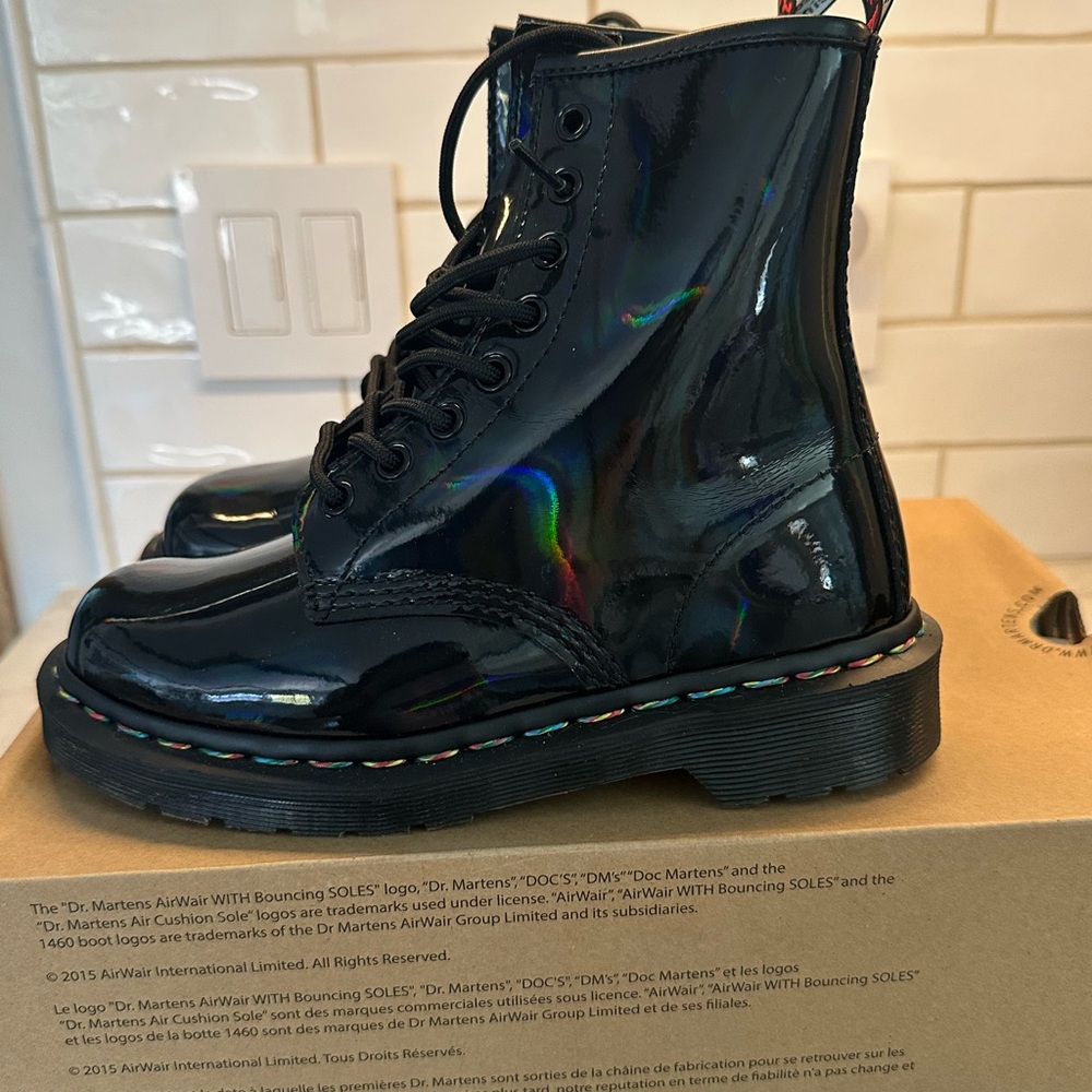 Dr. Martens 1460 Black Patent Boots with Rainbow Stitching